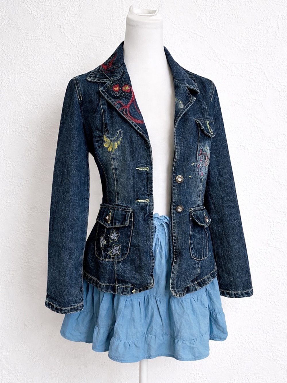 Vintage Embroidered Denim Coat – Boho Fairycore Y2K Jacket S